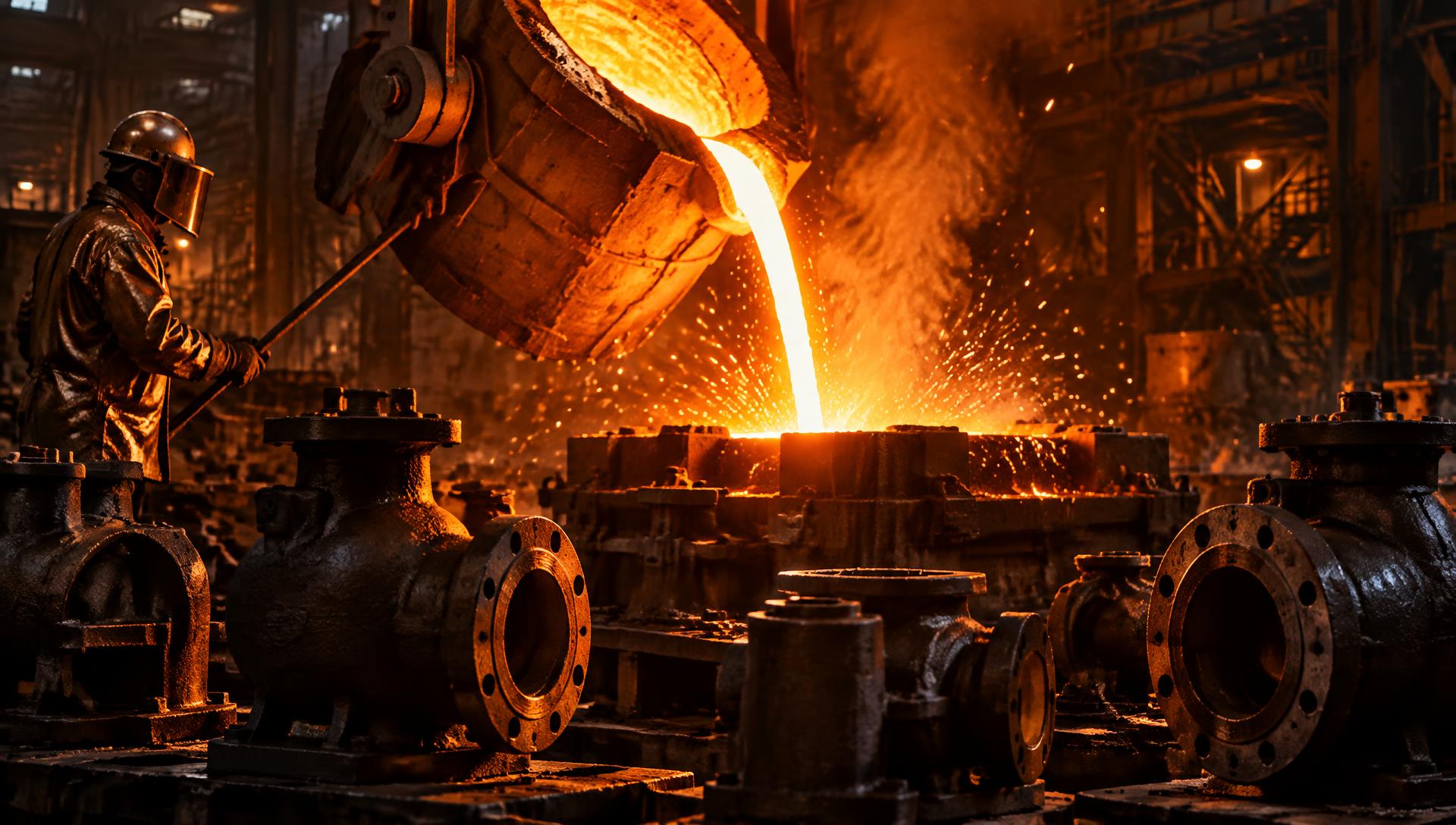 Molten steel pouring into a mould, sparks flying over cast valve bodies