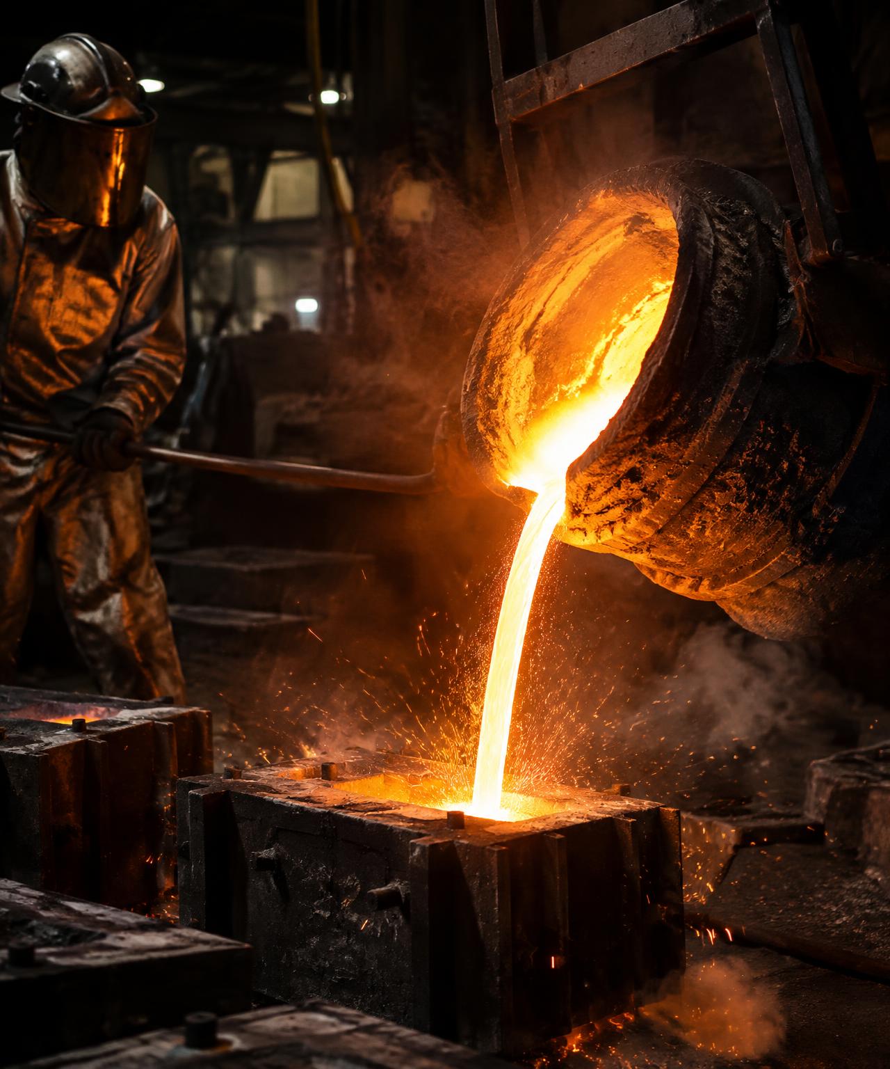 Molten metal poured into a sand casting mould