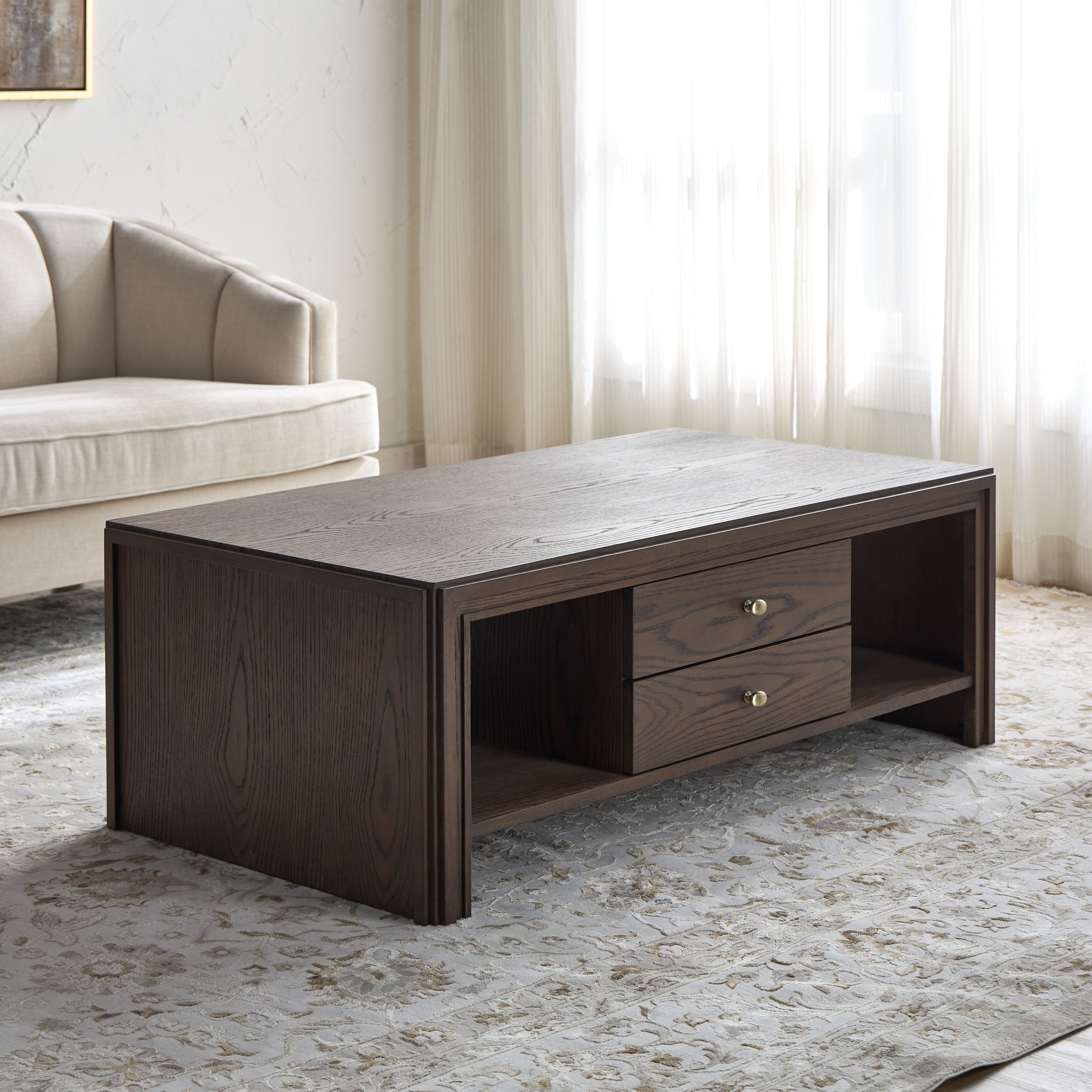 Dark Oak-Look TV Stand with Drawers and Open Shelves