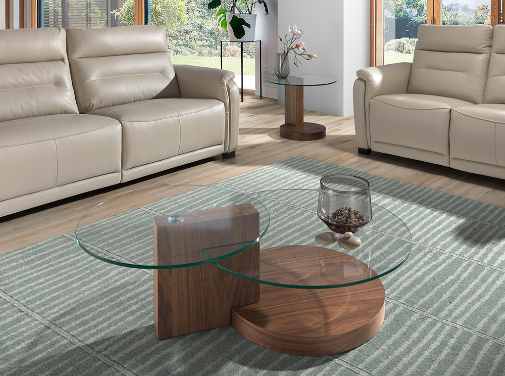 Round Walnut-and-Glass Coffee Table