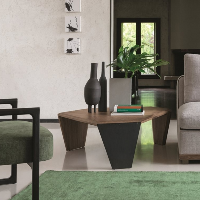 Asymmetrical Walnut-and-Black Coffee Table
